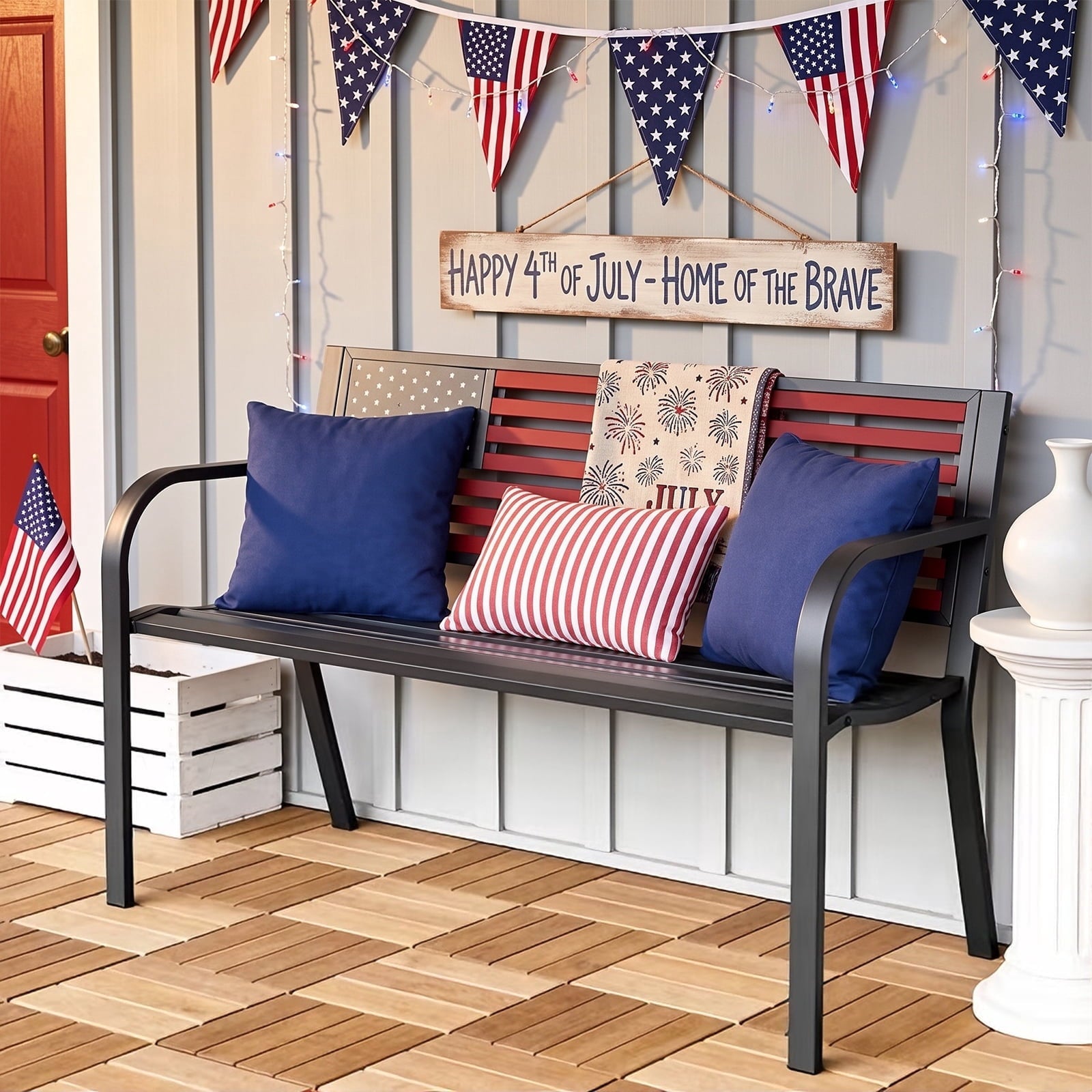 HaiNova Metal Outdoor Bench, 47in Patio Garden Benches with National Flag Pattern Backrest for Backyard, Lawn, Deck, Porch, Park, Black