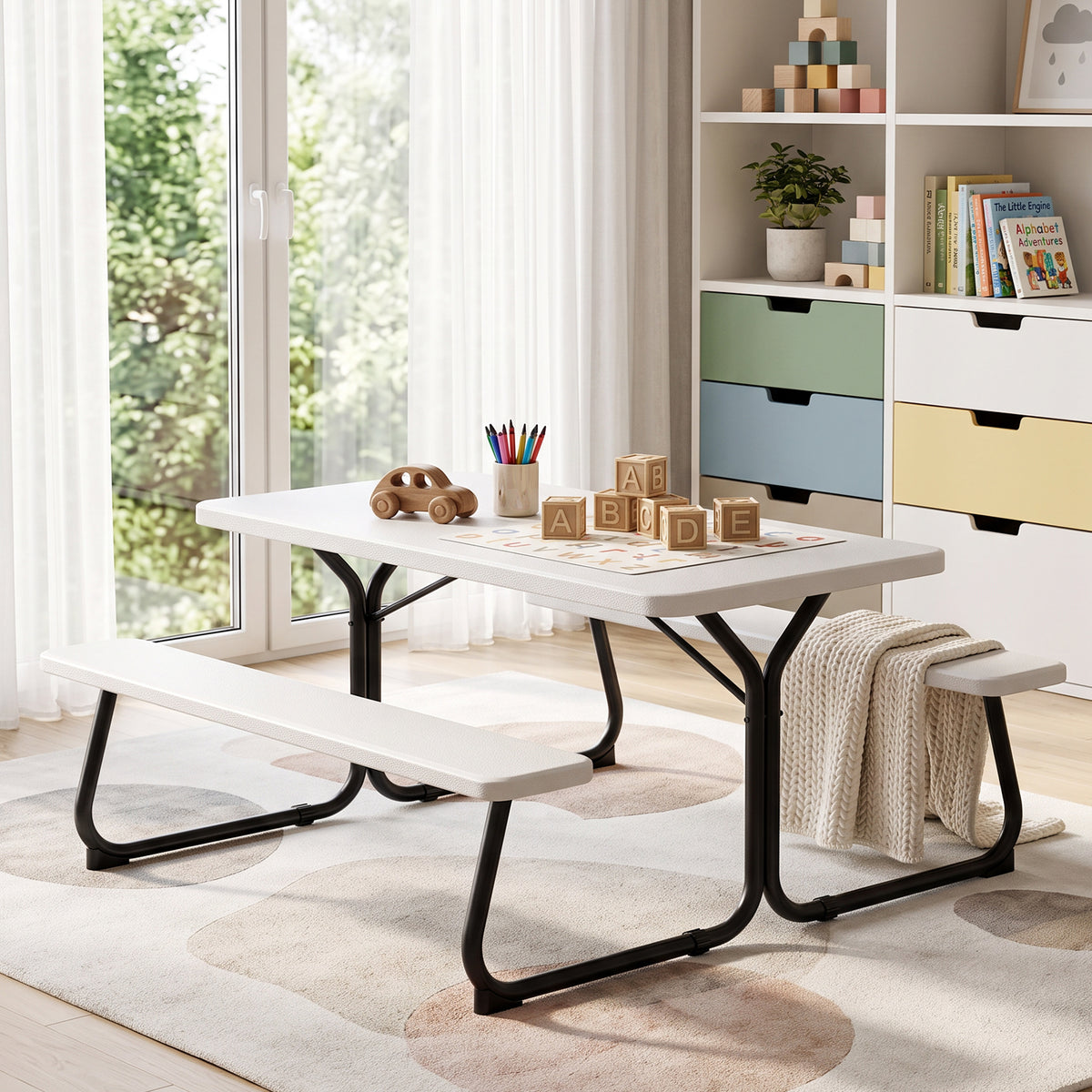 HaiNova 6 ft Outdoor Picnic Table & Bench Set, Seats 6 | UV Protected Waterproof HDPE, Powder-Coated Steel Frame, All-Weather Patio Furniture, White