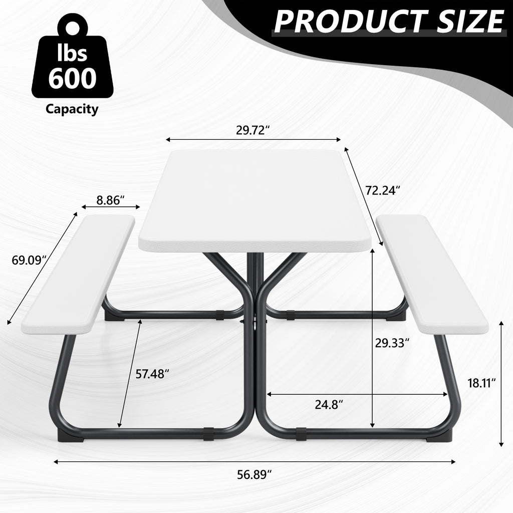 HaiNova 6 ft Outdoor Picnic Table & Bench Set, Seats 6 | UV Protected Waterproof HDPE, Powder-Coated Steel Frame, All-Weather Patio Furniture, White