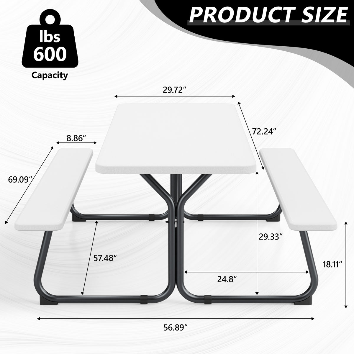 HaiNova 6 ft Outdoor Picnic Table & Bench Set, Seats 6 | UV Protected Waterproof HDPE, Powder-Coated Steel Frame, All-Weather Patio Furniture, White
