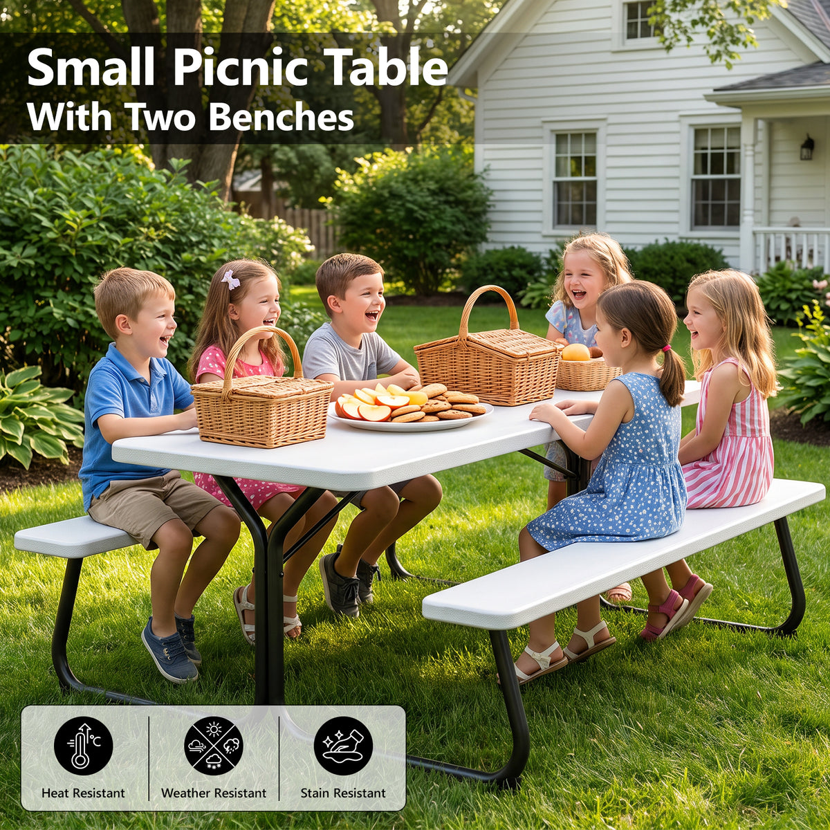 HaiNova 6 ft Outdoor Picnic Table & Bench Set, Seats 6 | UV Protected Waterproof HDPE, Powder-Coated Steel Frame, All-Weather Patio Furniture, White