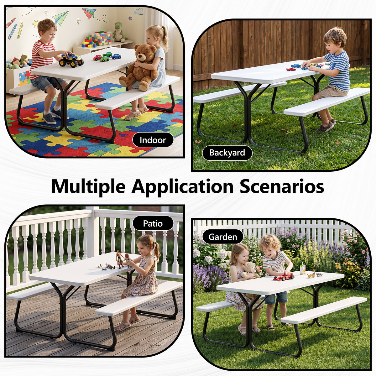 HaiNova 6 ft Outdoor Picnic Table & Bench Set, Seats 6 | UV Protected Waterproof HDPE, Powder-Coated Steel Frame, All-Weather Patio Furniture, White