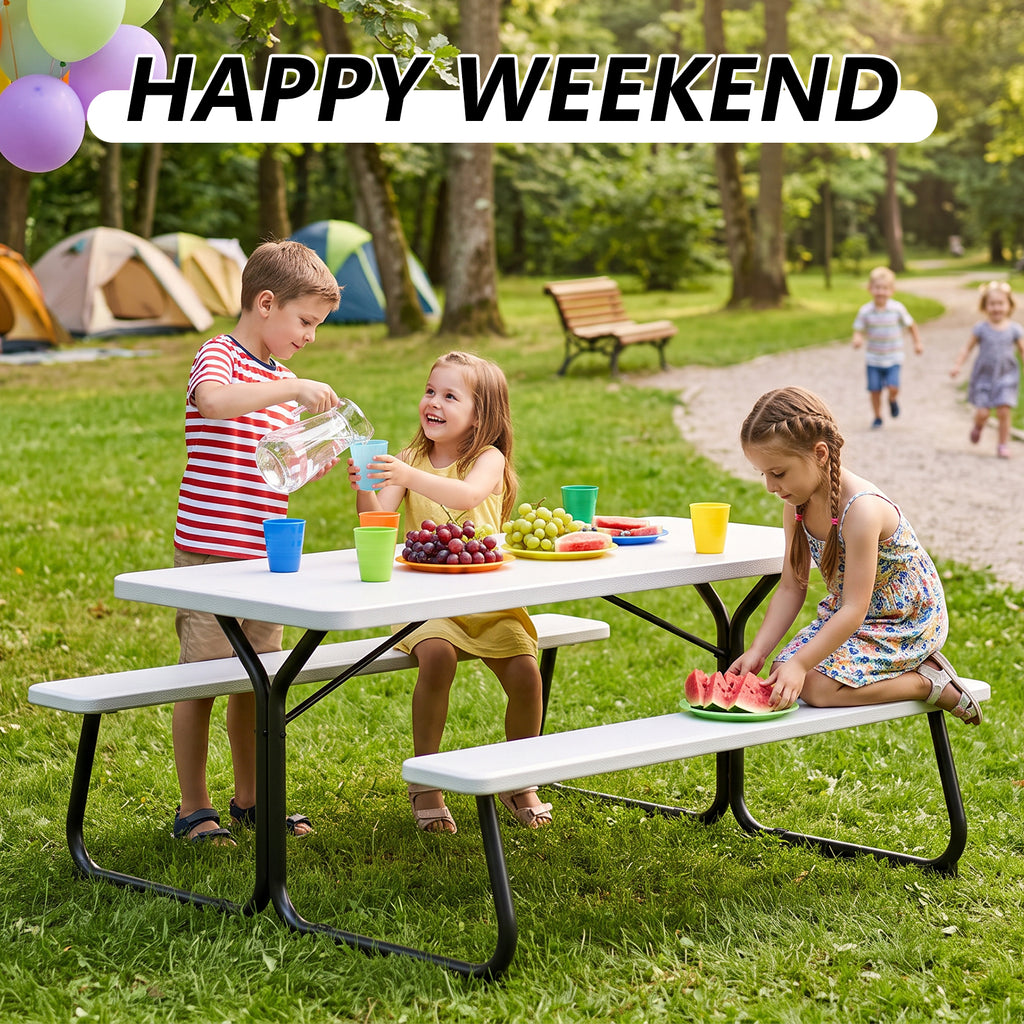 HaiNova 6 ft Outdoor Picnic Table & Bench Set, Seats 6 | UV Protected Waterproof HDPE, Powder-Coated Steel Frame, All-Weather Patio Furniture, White