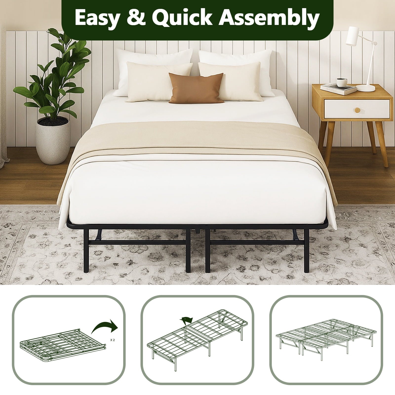 HaiNova King Bed Frame Folding Metal Platform Bed Frame with Heavy Duty and Strong Bearing Capacity, 14 Inches High, Black