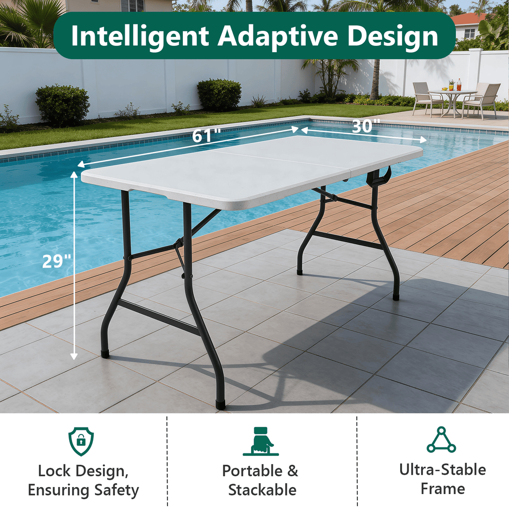 HaiNova 5ft Folding Table, Portable Heavy Duty Picnic Table with Portable Handle, Durable, Suitable for Dinner, Wedding, Camping, White.
