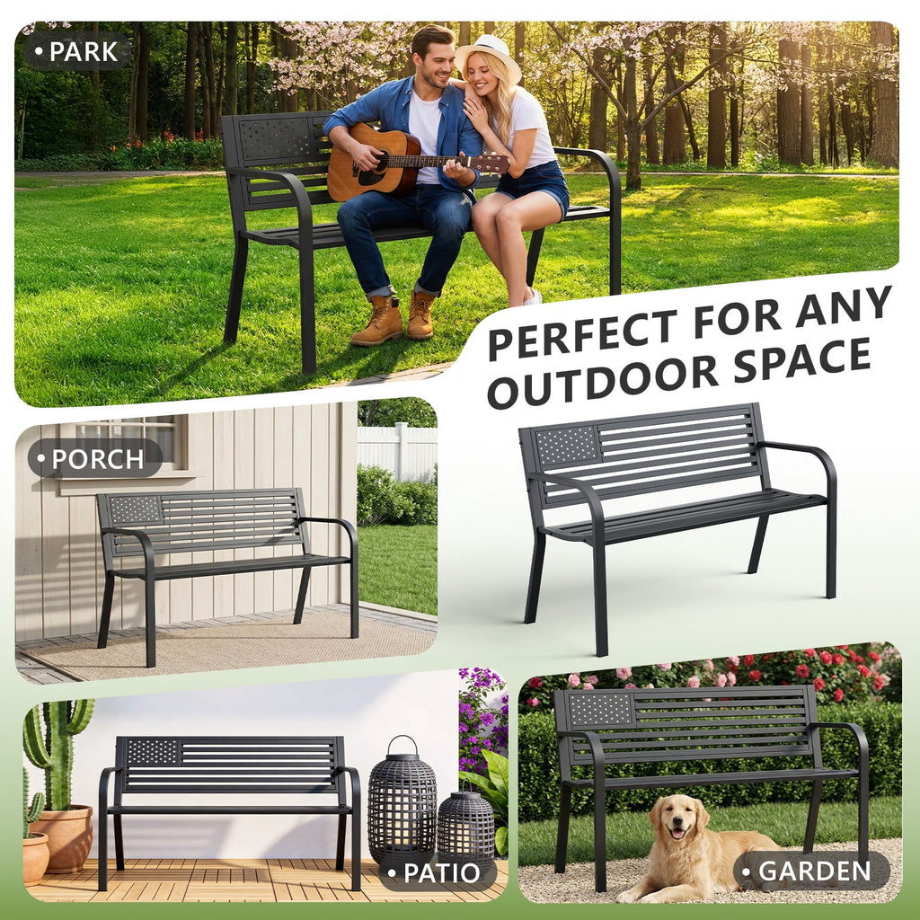 HaiNova Metal Outdoor Bench, 47in Patio Garden Benches with National Flag Pattern Backrest for Backyard, Lawn, Deck, Porch, Park, Black