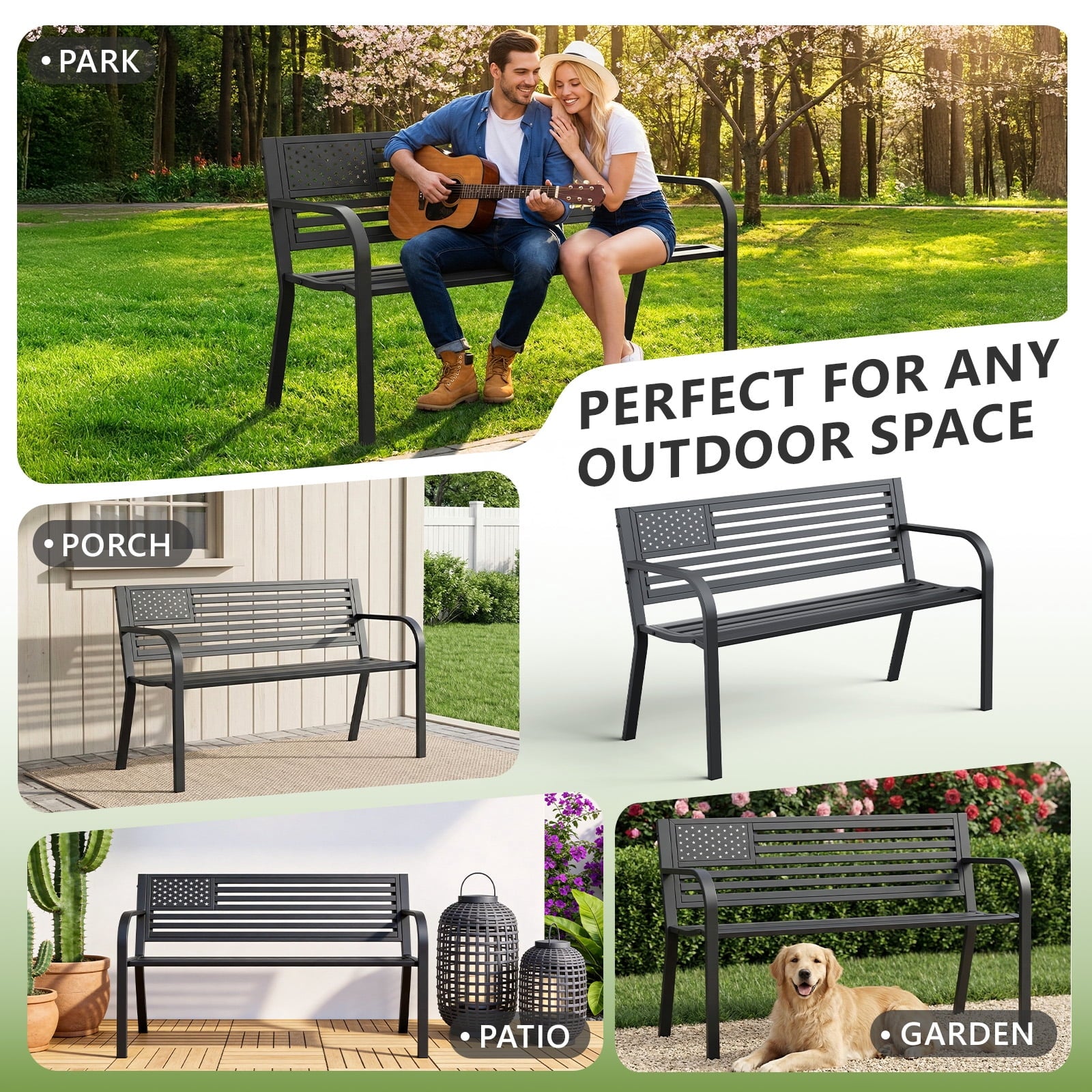 HaiNova Metal Outdoor Bench, 47in Patio Garden Benches with National Flag Pattern Backrest for Backyard, Lawn, Deck, Porch, Park, Black