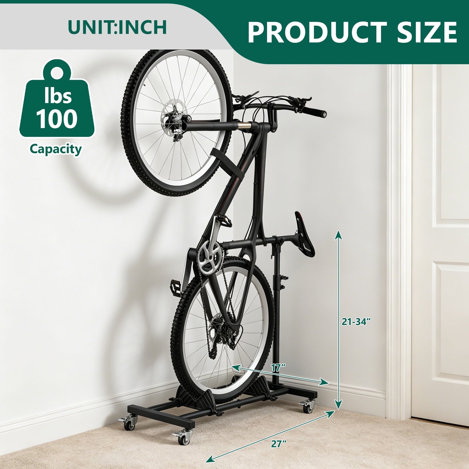 HaiNova Adjustable Height Vertical Bike Stand, Freestanding Bike Rack with Wheels for Garage & Apartment, Safe & Secure, for Wheels Sizes up to 29”