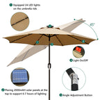 HaiNova 9ft Solar Patio Umbrella, Tilt Adjustment LED Outdoor Umbrella with 8 Reinforced Ribs for Garden, Backyard, Pool, Khaki
