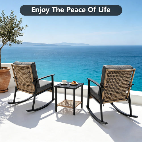 HaiNova 3 Piece Patio Rocking Chairs Set with Thick Warm Beige Cushions, Outdoor Rocking Chair Bistro Set with Chairs and Coffee Table Suitable for Garden, Backyard Porch and Balcony, Grey