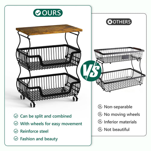 HaiNova 3-Tier Rolling Pantry Cart with Wheels and Top Shelf, Stackable Wire Snack Cart for Pantry Shelves, Kitchen Fruit, Vegetables Stand