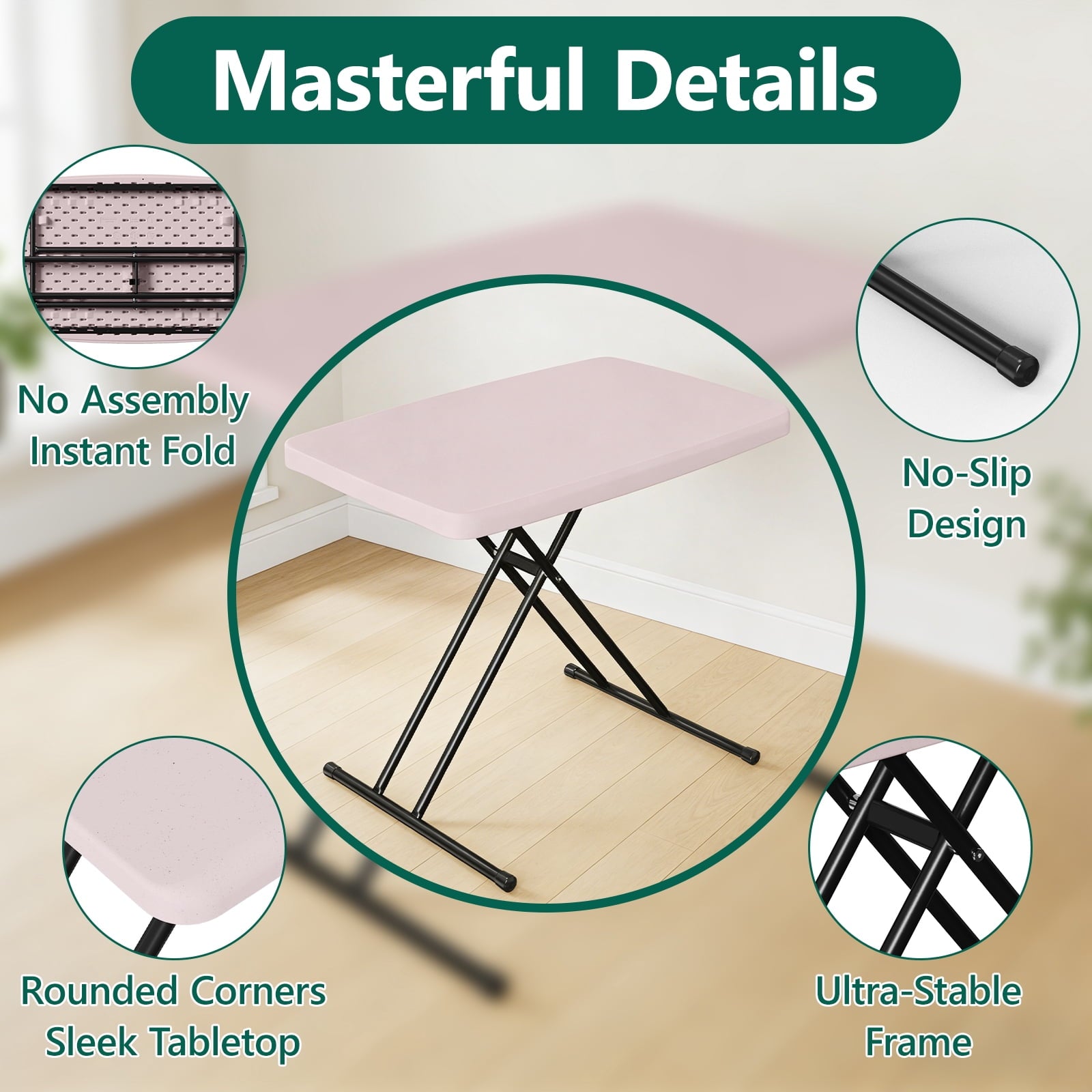 HaiNova Folding TV Tray Table, 30in Height Adjustable TV Tray for Laptop, Heavy Duty Utility Foldable Table for Small Spaces, Pink