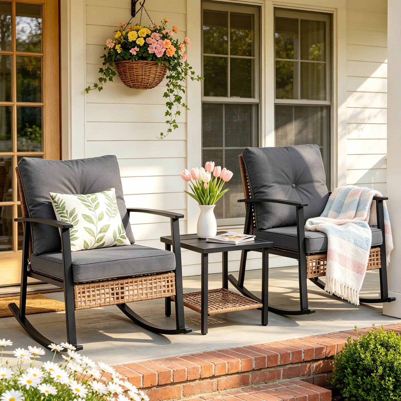 HaiNova 3 Piece Patio Rocking Chairs Set with Thick Warm Beige Cushions, Outdoor Rocking Chair Bistro Set with Chairs and Coffee Table Suitable for Garden, Backyard Porch and Balcony, Grey
