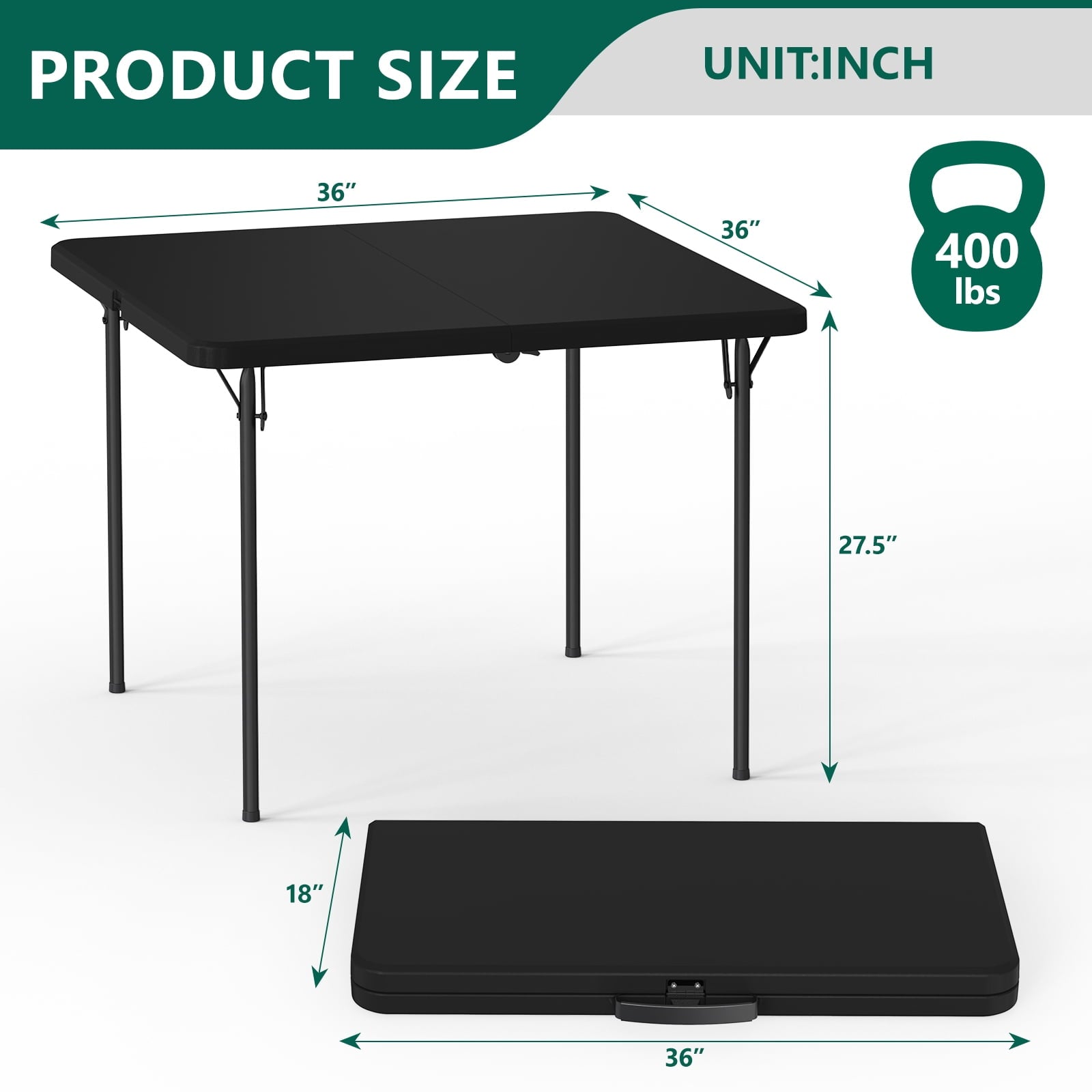 HaiNova 36in Square Folding Table, Portable Plastic Table with Handle Suitable for Party and Parties Backyard Events, White