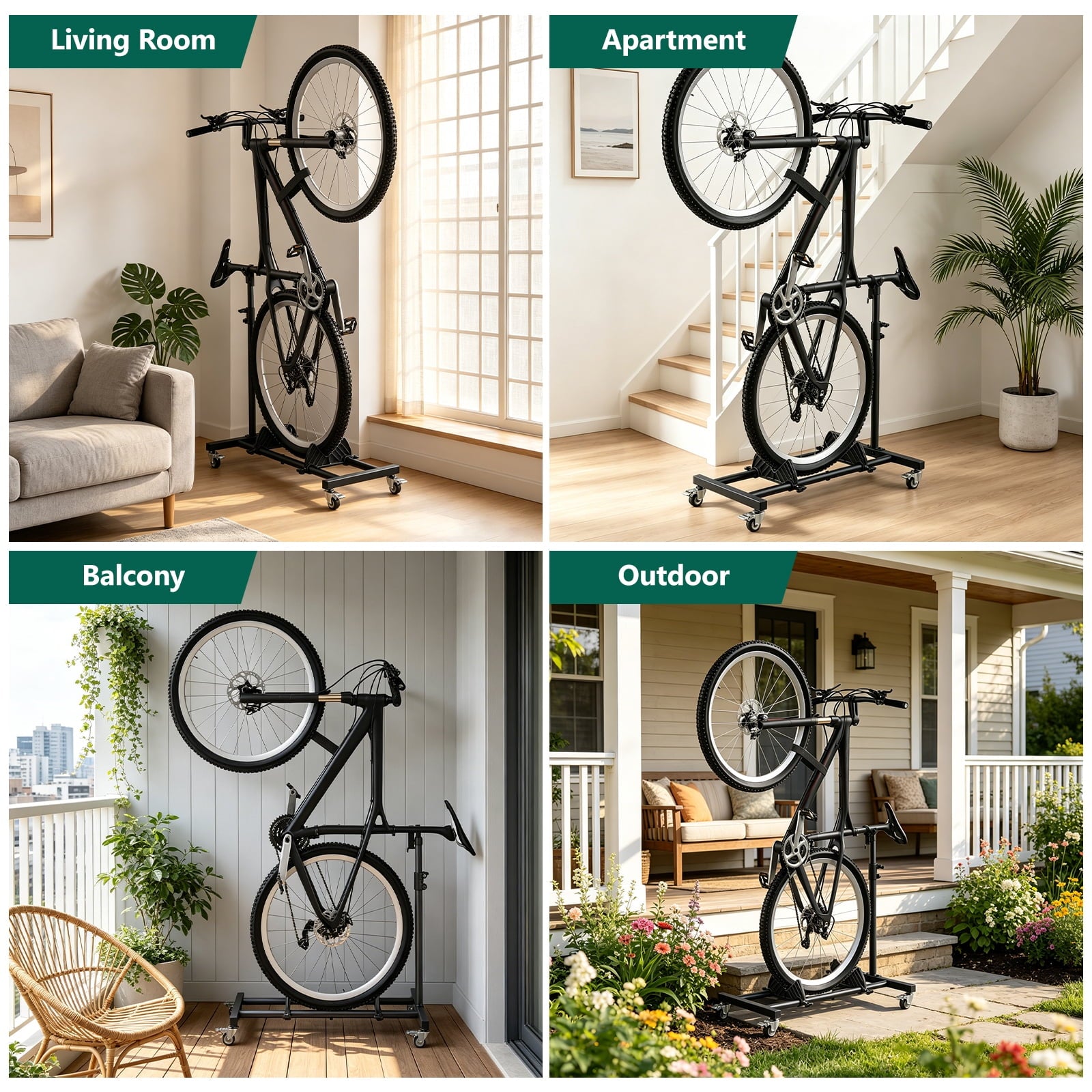 HaiNova Adjustable Height Vertical Bike Stand, Freestanding Bike Rack with Wheels for Garage & Apartment, Safe & Secure, for Wheels Sizes up to 29”