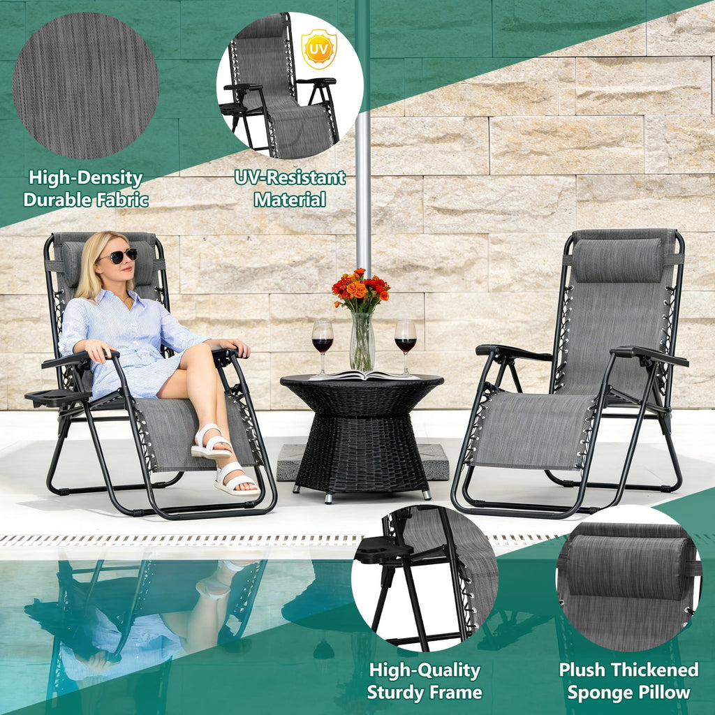 WLLJOY Zero Gravity Chair 2Pcs, 350lb Capacity, Folding Reclining Chair with Adjustable Pillow and Cup Holder for Garden, Patio, Beach, Gray