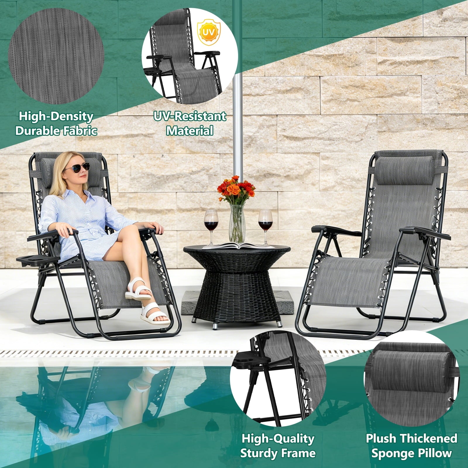 WLLJOY Zero Gravity Chair 2Pcs, 350lb Capacity, Folding Reclining Chair with Adjustable Pillow and Cup Holder for Garden, Patio, Beach, Gray