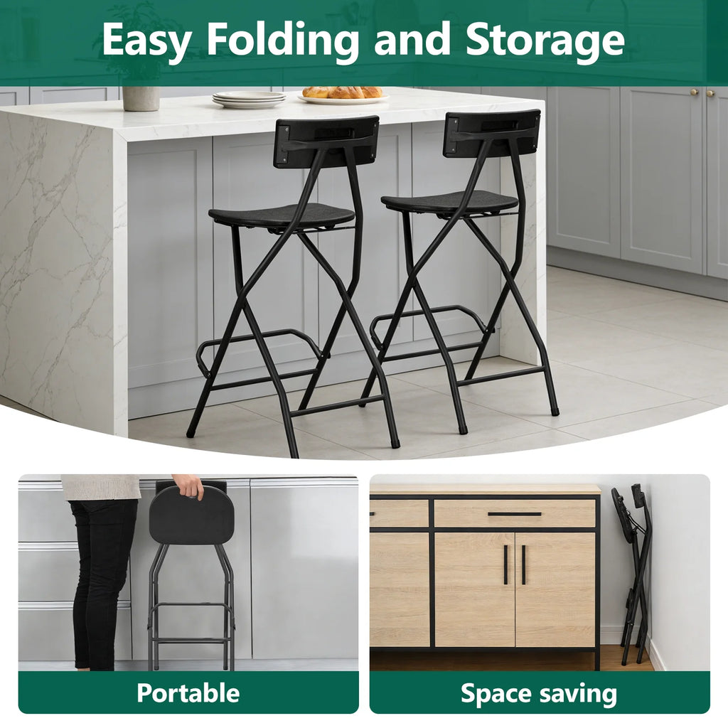 HaiNova Black Folding Bar Stool with Backrest, Blow-molded/Metal Frame, Durable and Sturdy Folding Chair for Indoor/Outdoor Kitchen Shop Cafe