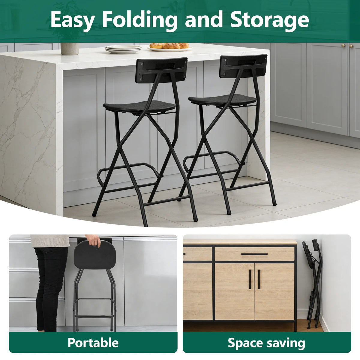 HaiNova Black Folding Bar Stool with Backrest, Blow-molded/Metal Frame, Durable and Sturdy Folding Chair for Indoor/Outdoor Kitchen Shop Cafe