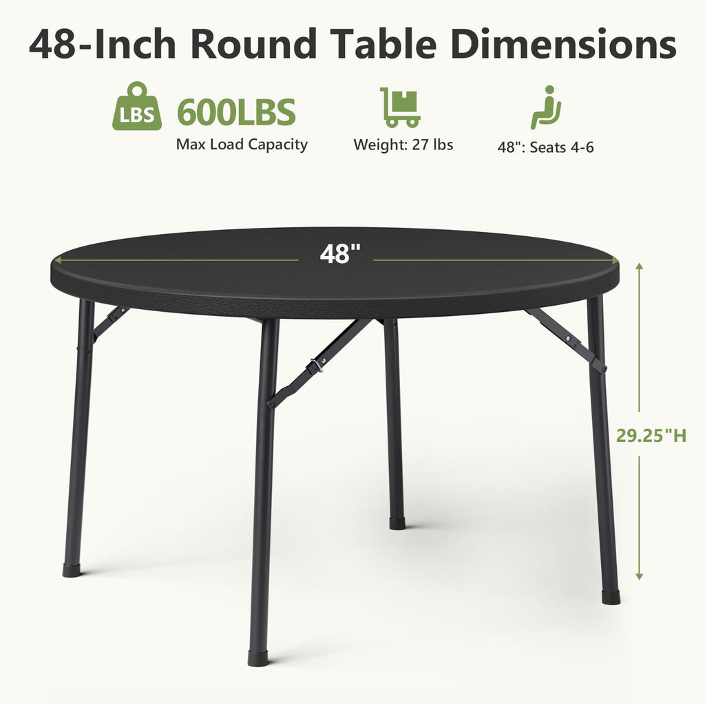 HaiNova 48in Round Folding Table, Portable Plastic Table for Indoor/Outdoor Events, Can Accommodate 4-6 People, Black