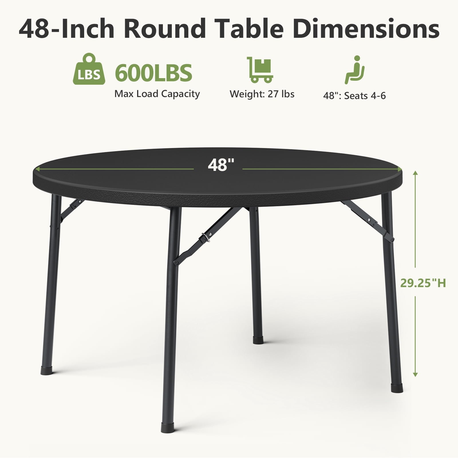 HaiNova 48in Round Folding Table, Portable Plastic Table for Indoor/Outdoor Events, Can Accommodate 4-6 People, Black