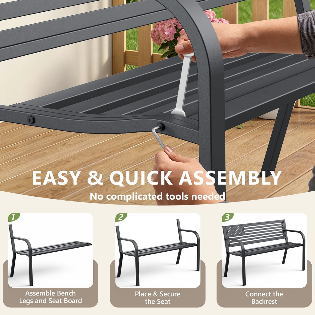 HaiNova Metal Outdoor Bench, 47in Patio Garden Benches with National Flag Pattern Backrest for Backyard, Lawn, Deck, Porch, Park, Black