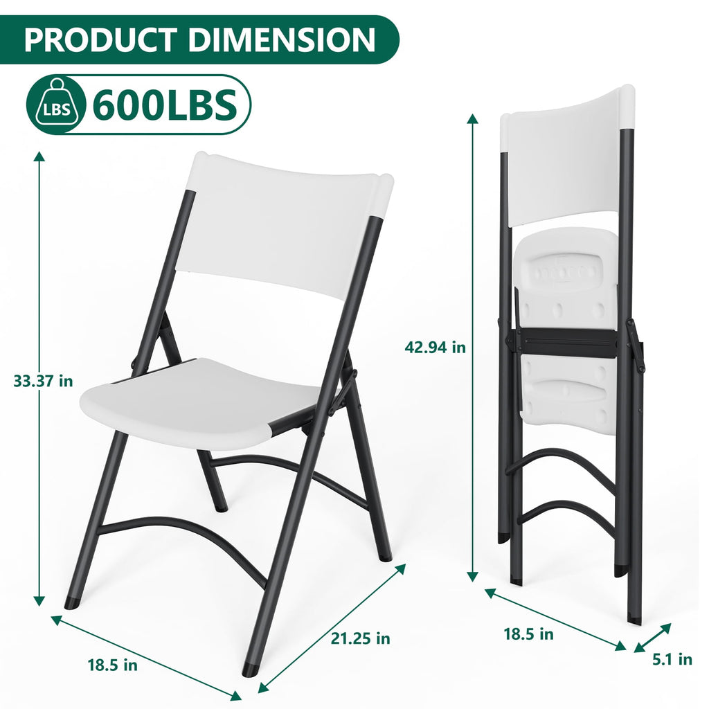 HaiNova 4 Pack White Blow-Molded Folding Chairs, Portable Chair for Adults, 600lbs Capacity Metal Frame, Comfortable Seat for Party, Banquet