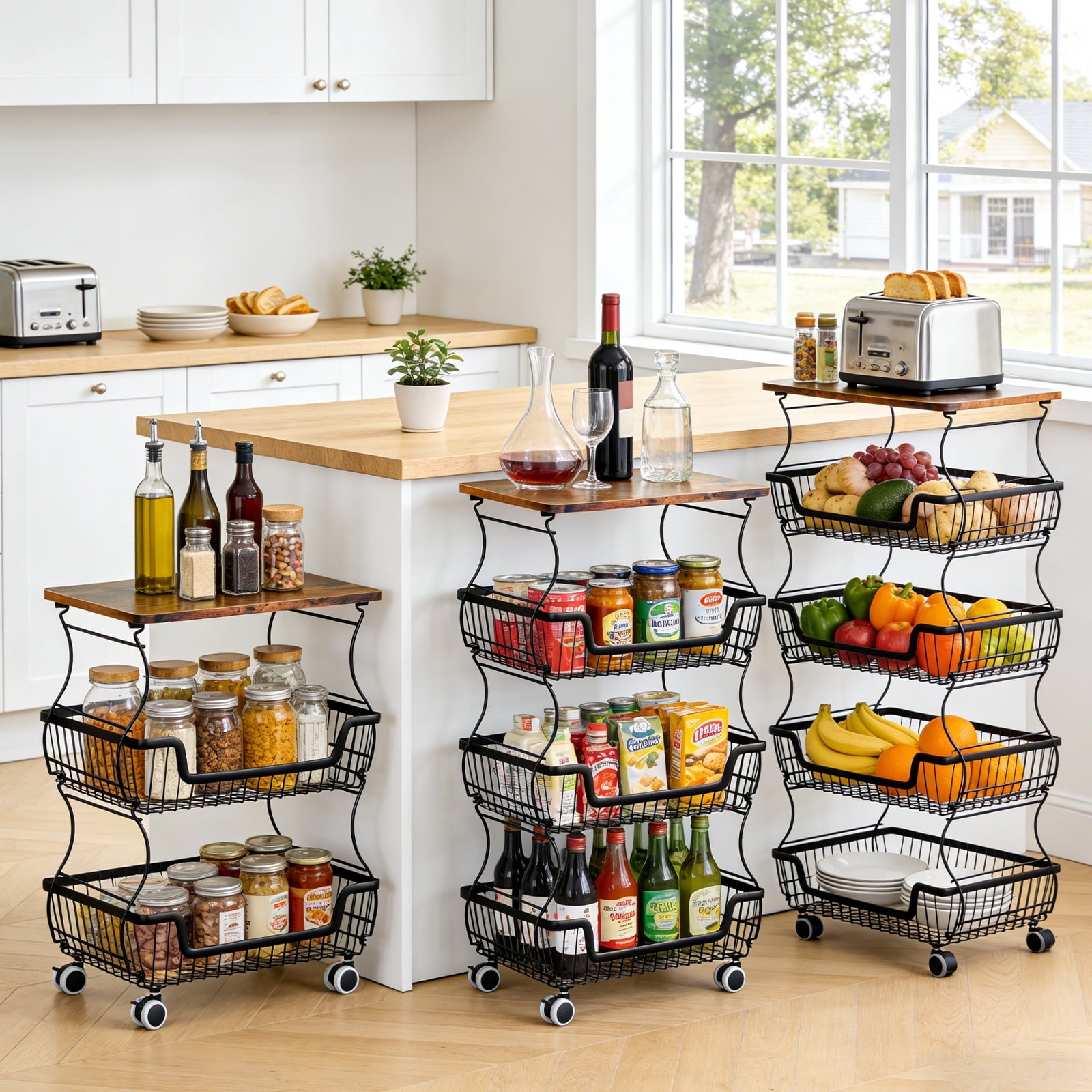 HaiNova 3-Tier Rolling Pantry Cart with Wheels and Top Shelf, Stackable Wire Snack Cart for Pantry Shelves, Kitchen Fruit, Vegetables Stand