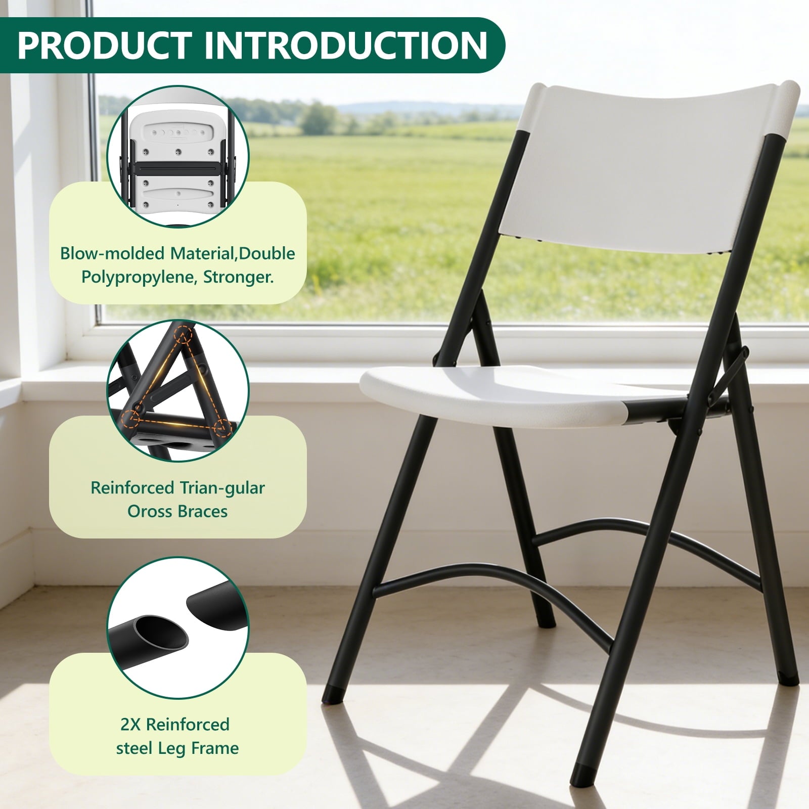 HaiNova 4 Pack White Blow-Molded Folding Chairs, Portable Chair for Adults, 600lbs Capacity Metal Frame, Comfortable Seat for Party, Banquet