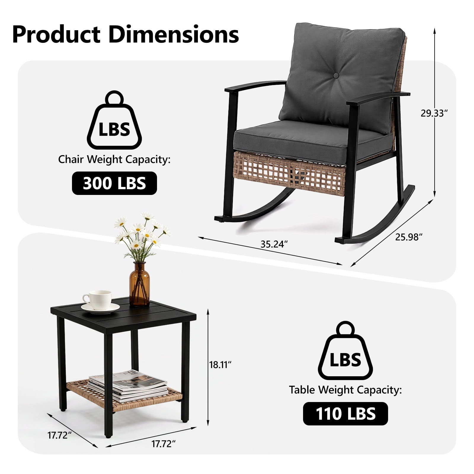 HaiNova 3 Piece Patio Rocking Chairs Set with Thick Warm Beige Cushions, Outdoor Rocking Chair Bistro Set with Chairs and Coffee Table Suitable for Garden, Backyard Porch and Balcony, Grey