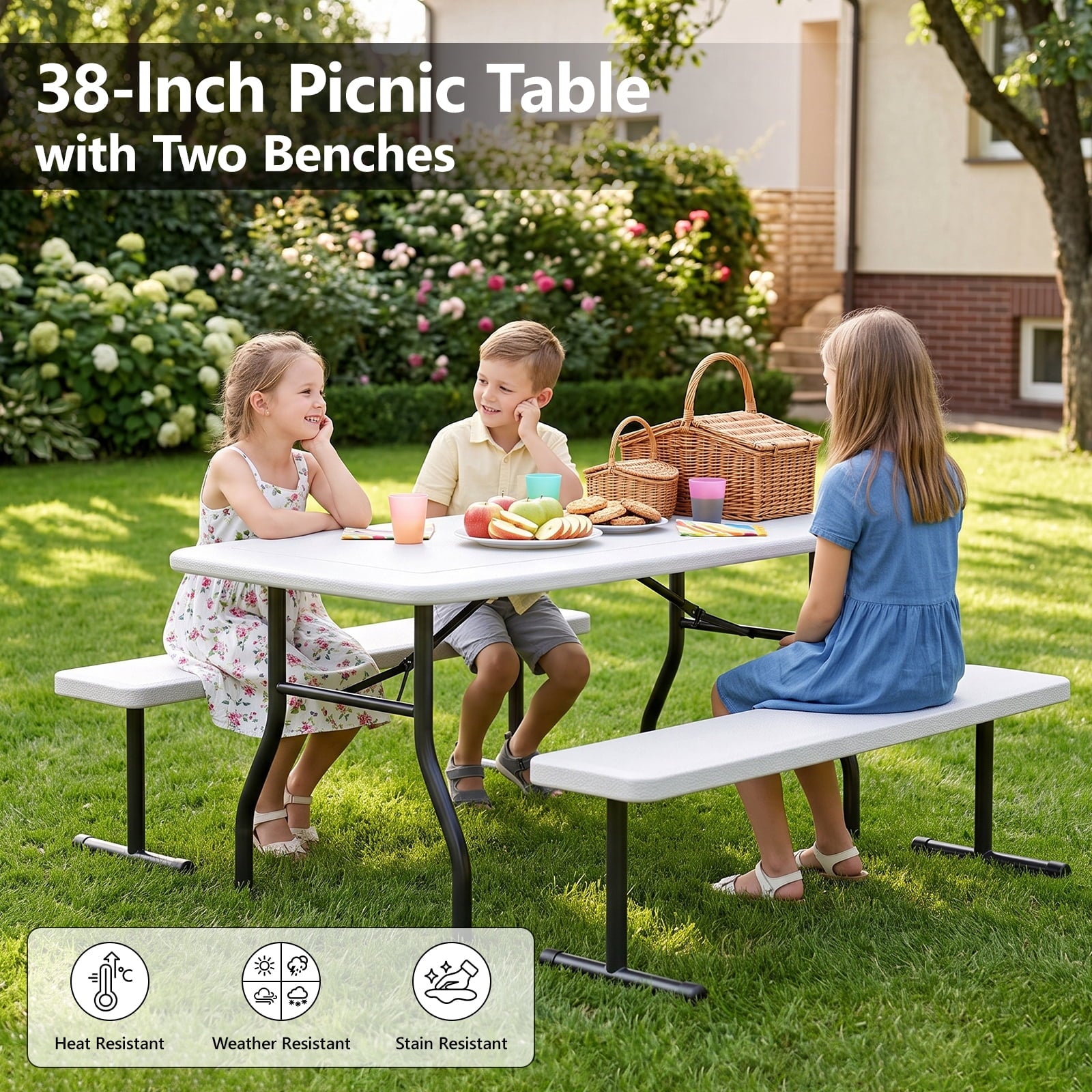 WLLJOY 3-Piece Kids Picnic Tableset, Outdoor Portable Small Table with Long Bench, Waterresistance and Easy to Clean, Suitable for Patio, Garden and living Room