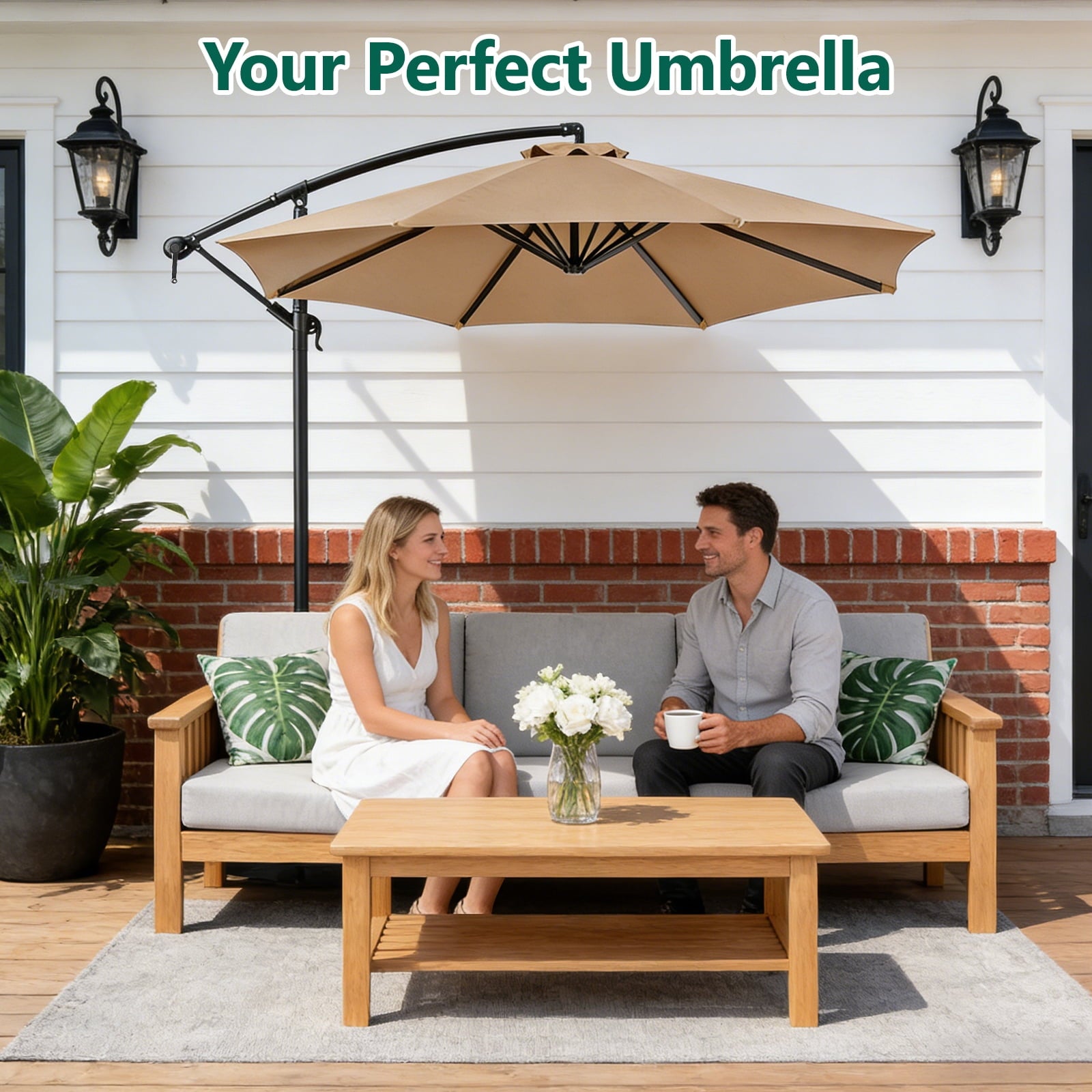 HaiNova 10 ft Offset Patio Umbrella With Base Included ,All-Weather UV Protection Cantilever Umbrella Suitable For Garden, Backyard and Beach, Khaki