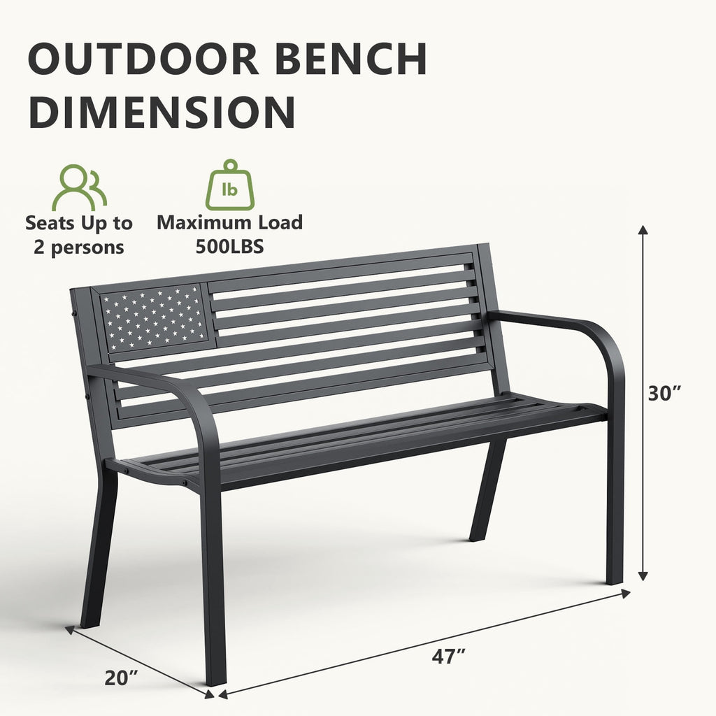 HaiNova Metal Outdoor Bench, 47in Patio Garden Benches with National Flag Pattern Backrest for Backyard, Lawn, Deck, Porch, Park, Black