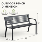 HaiNova Metal Outdoor Bench, 47in Patio Garden Benches with National Flag Pattern Backrest for Backyard, Lawn, Deck, Porch, Park, Black