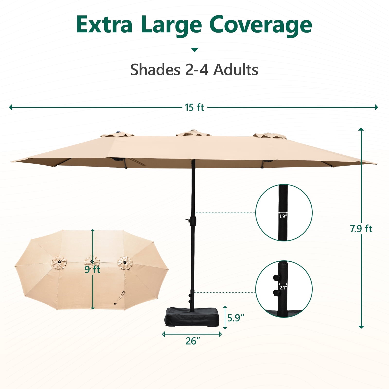 HaiNova 15Ft Patio Umbrella With Base-Mounted, Foldable And Portable Outdoor Sunshade For Backyards, Beaches And Gardens, Khaki