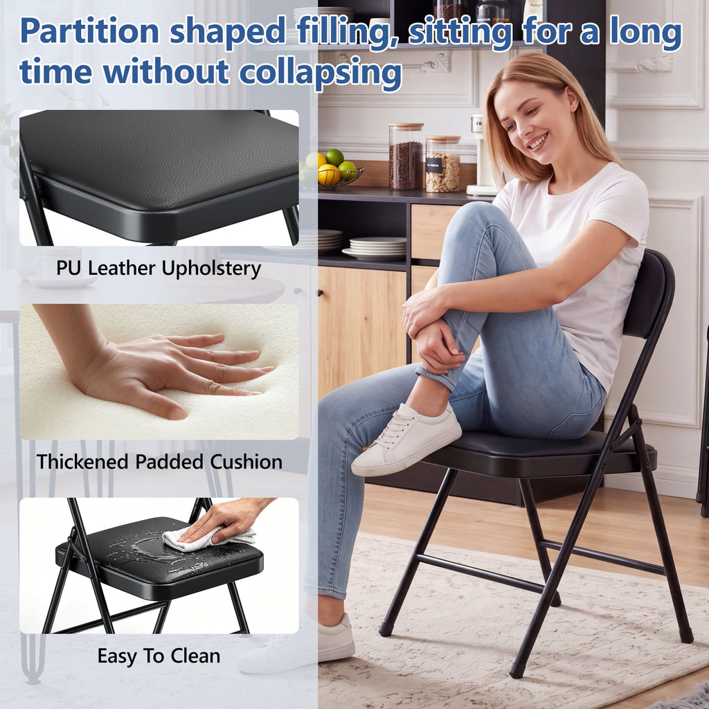 4 Pack Padded PU Leather Folding Chairs, Heavy Duty Portable Foldable Metal Chairs with Thickened Cushion Seat and Back, Ergonomic Steel Frame for Indoor Outdoor, Home Office Party Patio Backyard