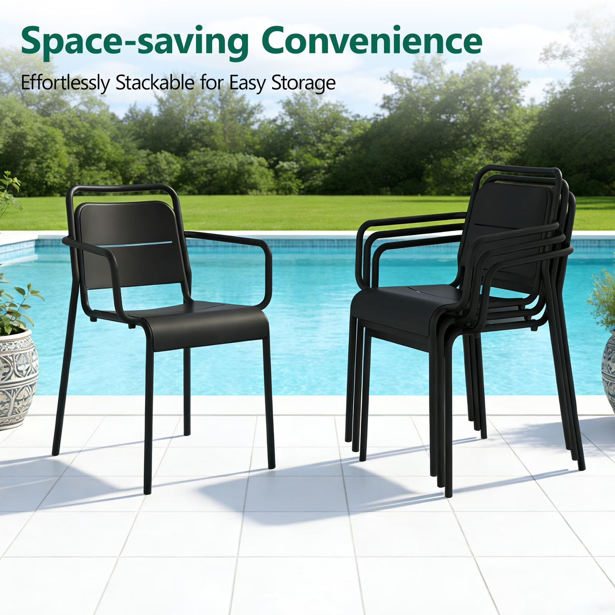 HaiNova Metal Stackable Dining Chairs with Armrest 4 Pack, Black Outdoor Heavy-Duty Chair, 300 lbs Max - All Weather for Indoor/Outdoor