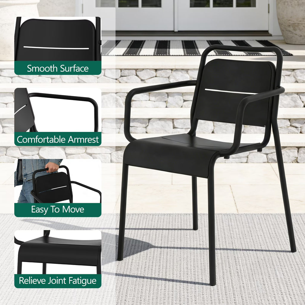 HaiNova Metal Stackable Dining Chairs with Armrest 4 Pack, Black Outdoor Heavy-Duty Chair, 300 lbs Max - All Weather for Indoor/Outdoor